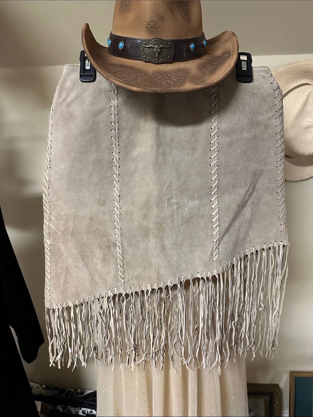 Suede Fringe High-Low Skirt in Light Taupe